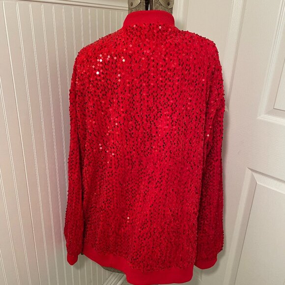 IN'VOLAND NWT Red Sequin Jacket Long Sleeve Knit Band Full Zipper Size 20W - Picture 6 of 9